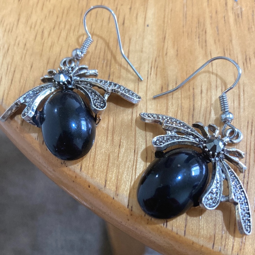 Silver and onyx beetle earrings
